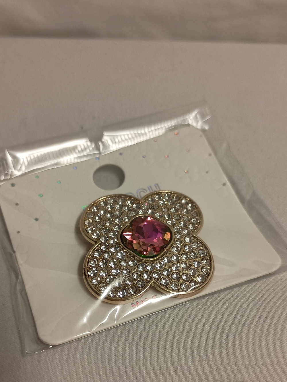 Gold Tone Rhinestone Flower Brooch Pin with Iridescent Crystal Center Pink - Picture 2 of 6